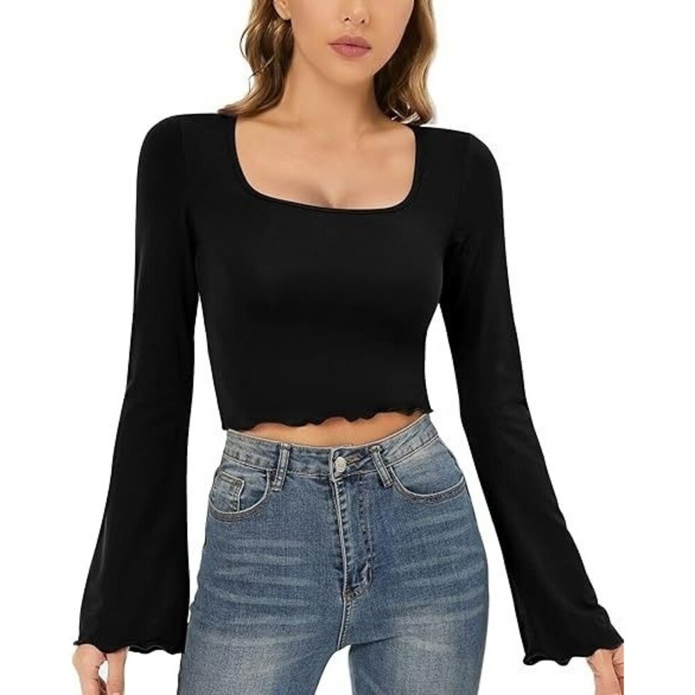 Women's Bell Sleeve Crop Top X-Large Square Neck Lettuce Trim Long Flare Black